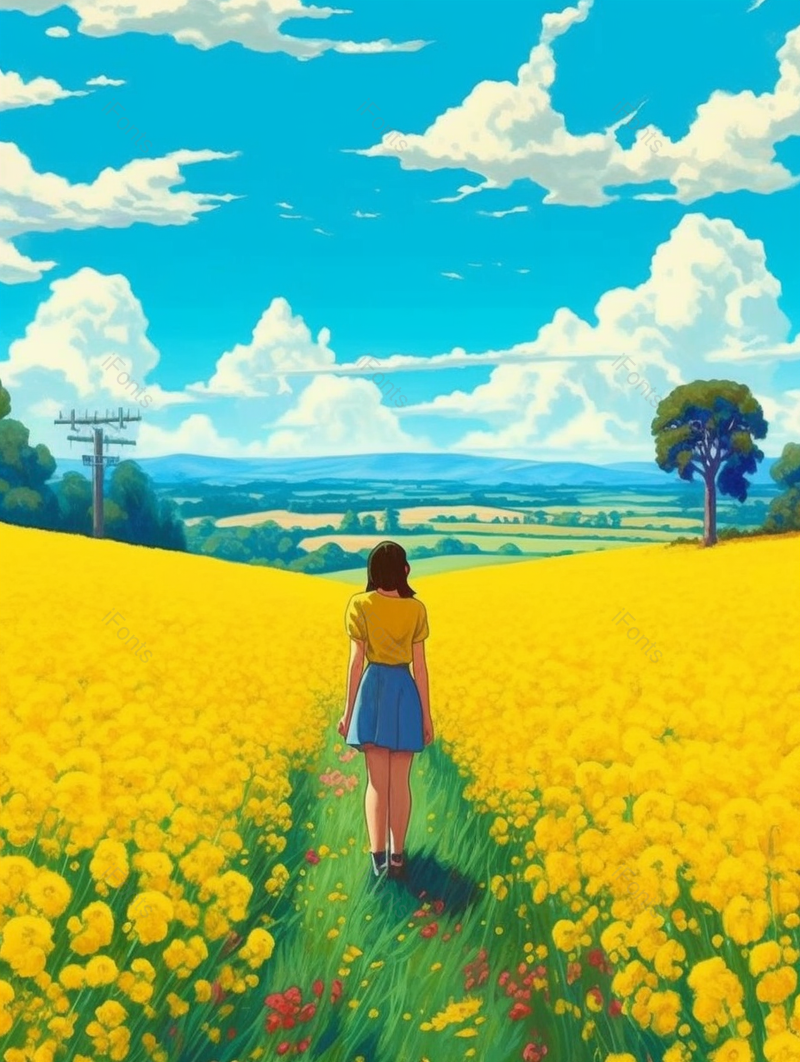 女孩背景金黄色花海插画田园风光蓝天白云风景图,插画/手绘图,插画/手绘图库,插画/手绘图下载,插画/手绘
